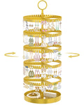 iDavosic.ly 5 Tier Rotating Earring Holder Organizer with Metal Tray, Adjustable Plastic Dangle Display Stands Tree with 285 Grooves, Large Hoop Storage Rack Tower, Gold