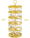 iDavosic.ly 5 Tier Rotating Earring Holder Organizer with Metal Tray, Adjustable Plastic Dangle Display Stands Tree with 285 Grooves, Large Hoop Storage Rack Tower, Gold