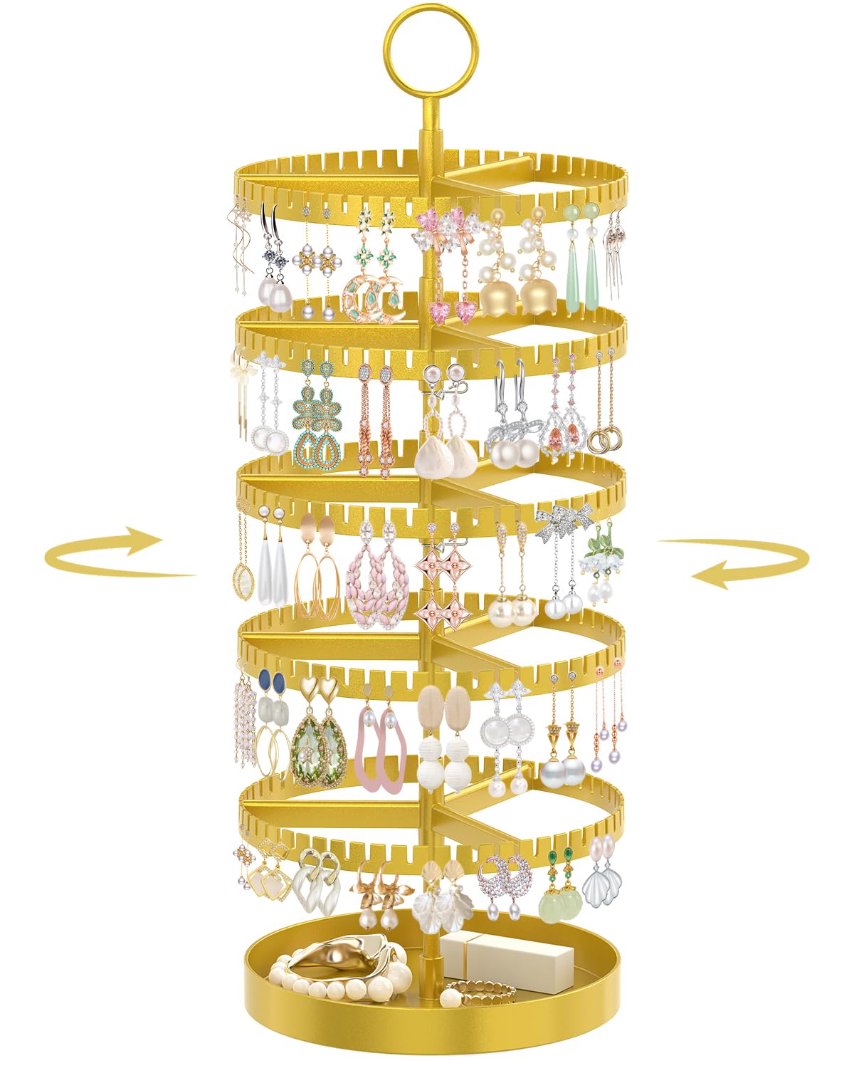 iDavosic.ly 5 Tier Rotating Earring Holder Organizer with Metal Tray, Adjustable Plastic Dangle Display Stands Tree with 285 Grooves, Large Hoop Storage Rack Tower, Gold