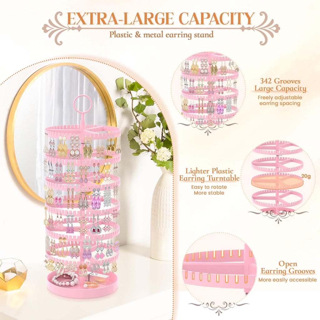 iDavosic.ly 6 Tier Rotating Earring Holder Organizer with Metal Tray, Adjustable Plastic Dangle Display Stands Tree with 342 Grooves, Large Hoop Storage Rack Tower, Pink