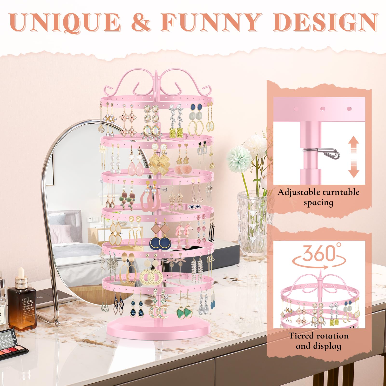 iDavosic.ly 6 Tier Rotating Earring Holder Organizer Set of 2, Metal Large Stud Storage Stand, Adjustable Plastic Dangle Hoop Display Rack Tower with Tray for Women, Pink White