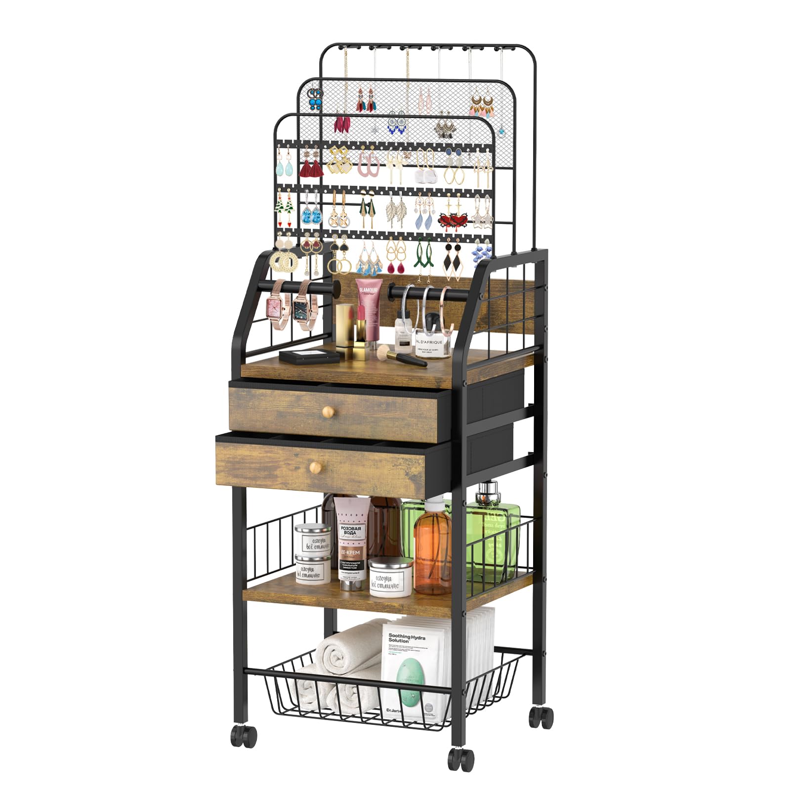 iDavosic.ly Large Jewelry Holder Organizer with 2 Box Drawer, Metal Earring Stand with 2 Storage Basket, Necklace Bracelet Ring Display Armoire, Black and Brown