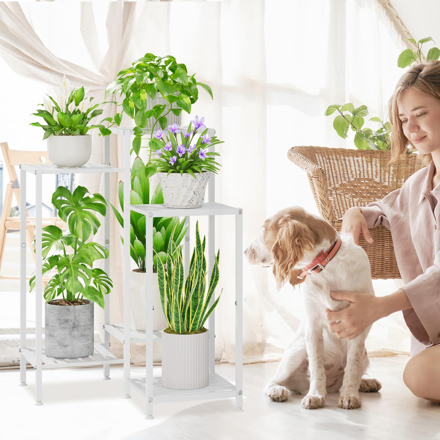 iDavosic.ly 6 Tier Plant Stand for Indoor Outdoor 2 Pack, Corner Orchid Pot Display Rack and Metal Tall Flower Holder Shelf with Wheels for Patio Porch Garden Balcony Living Room, White