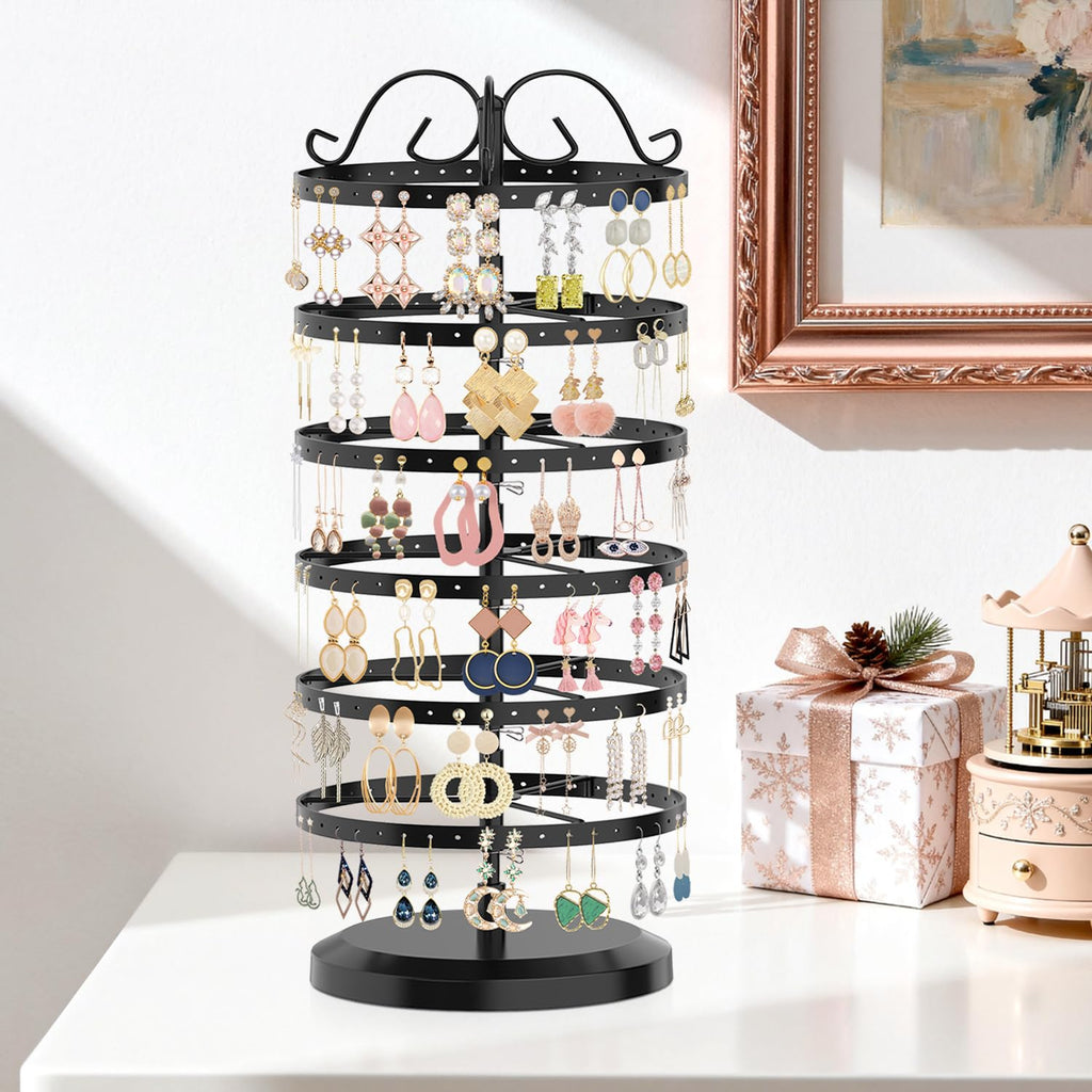 iDavosic.ly 6 Tier Metal Rotating Earring Holder Organizer, 264 Holes Large Stud Storage Display Stands Tree Rack, Adjustable Pierced Hoop Dangle Tower for Women, Black