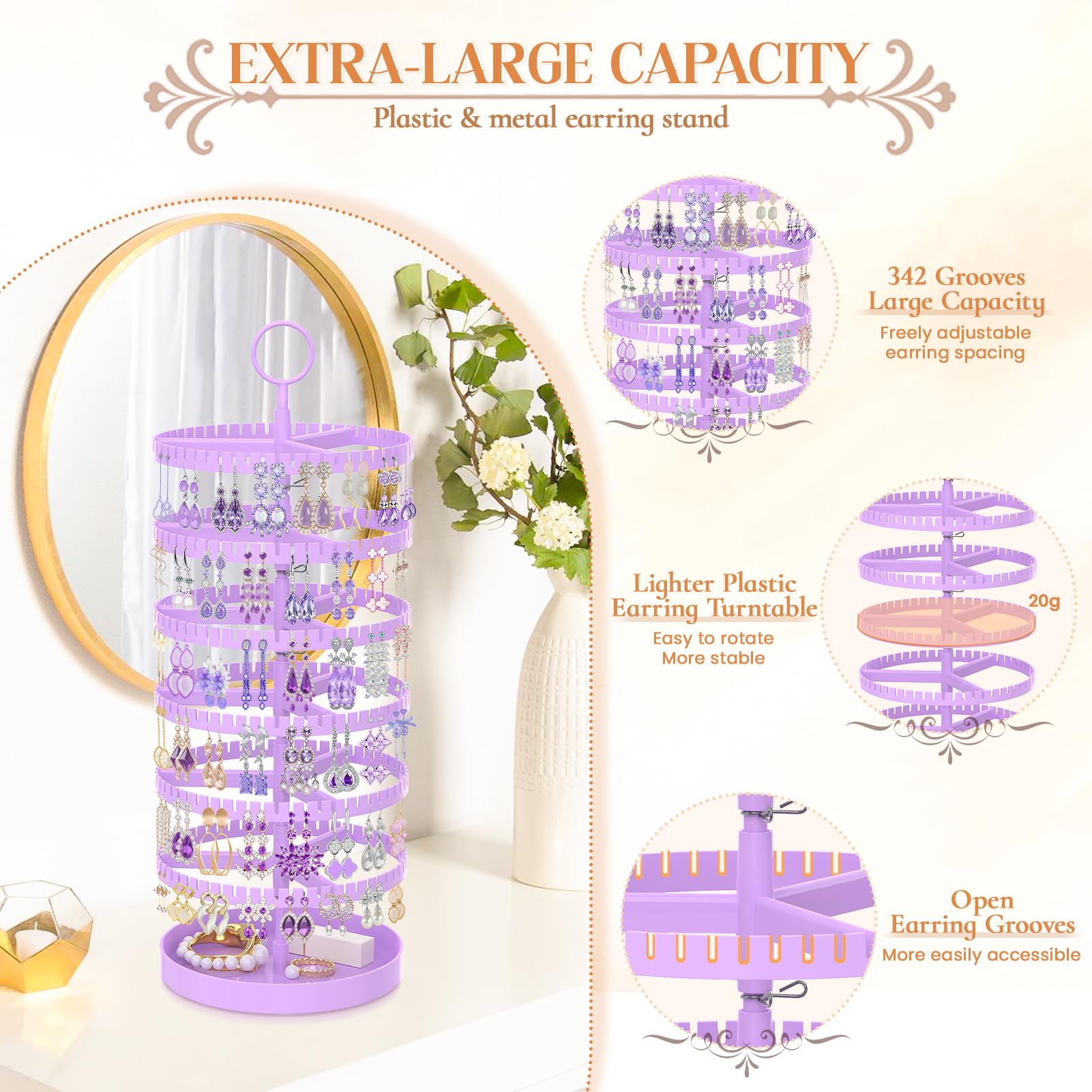 iDavosic.ly 6 Tier Rotating Earring Holder Organizer with Metal Tray, Adjustable Plastic Dangle Display Stands Tree with 342 Grooves, Large Hoop Storage Rack Tower, Purple