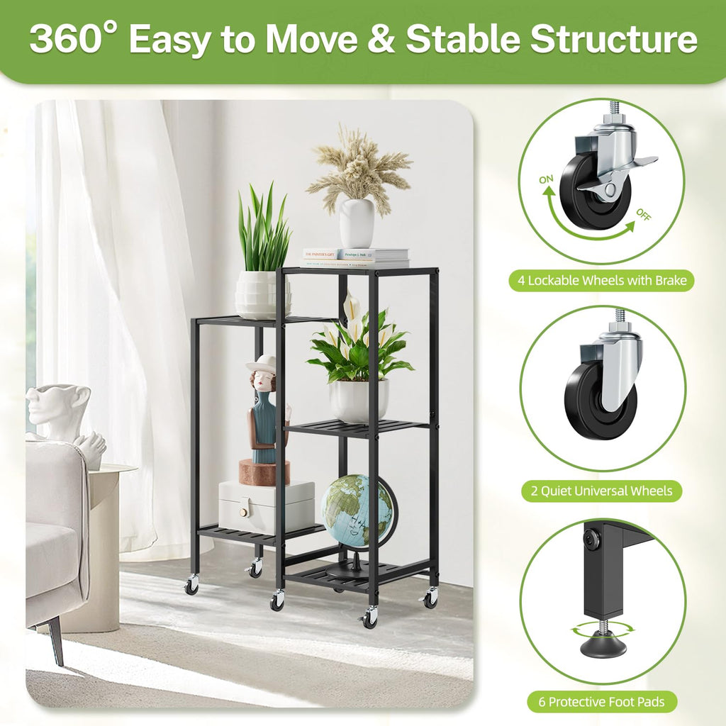 iDavosic.ly Metal Plant Stand Indoor Outdoor Set of 2, 3 Tiered Corner Flower Holder Shelf and 5 Layer Vertical Rolling Rack for Large Pots Modern Black