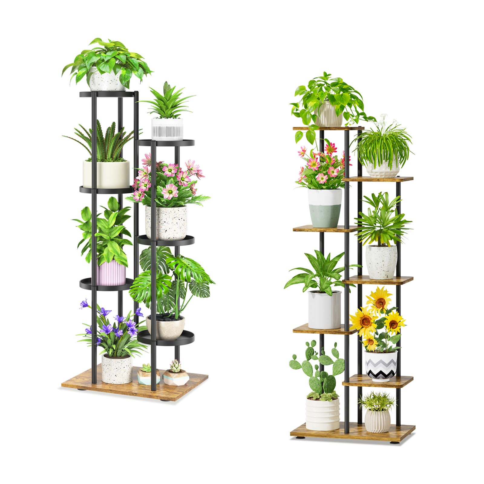 iDavosic.ly 6 Tier Plant Stand Indoor Outdoor Set of 2, Metal Wood Corner Flower Pot Holder Shelf and 50 Inch Tall Orchid Display Rack for Patio Porch Living Room Balcony, Modern Black & Rustic Brown