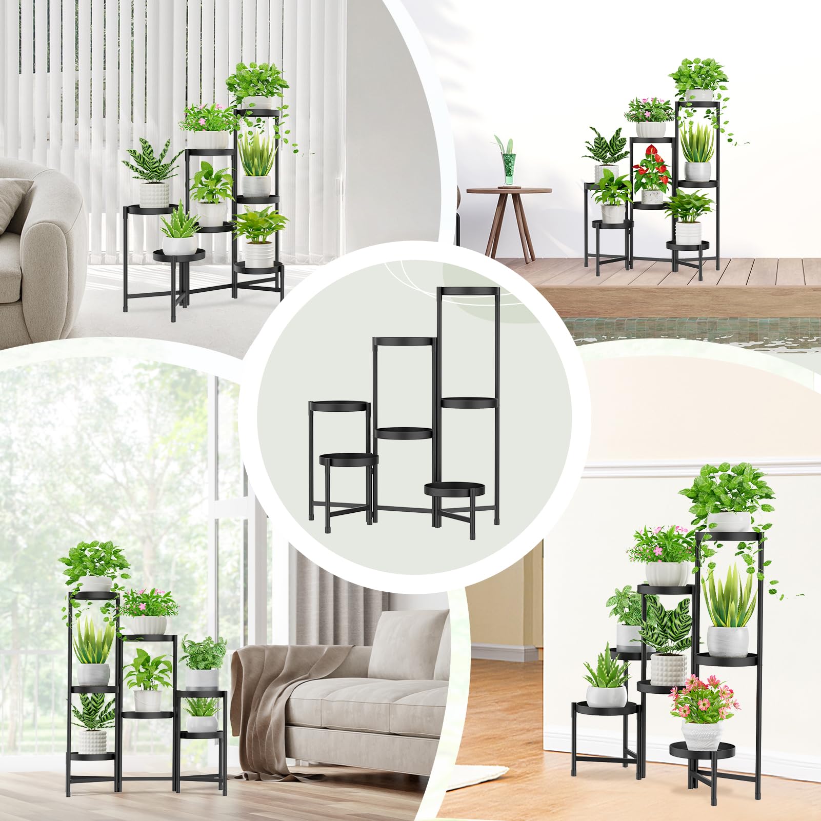 iDavosic.ly 7 Tier Plant Stand Indoor Outdoor Set of 2, Foldable 32 Inch Tall Flower Pot Holder Shelf and Metal Wood Corner Orchid Display Rack for Patio Porch Living Room Garden Balcony, Black