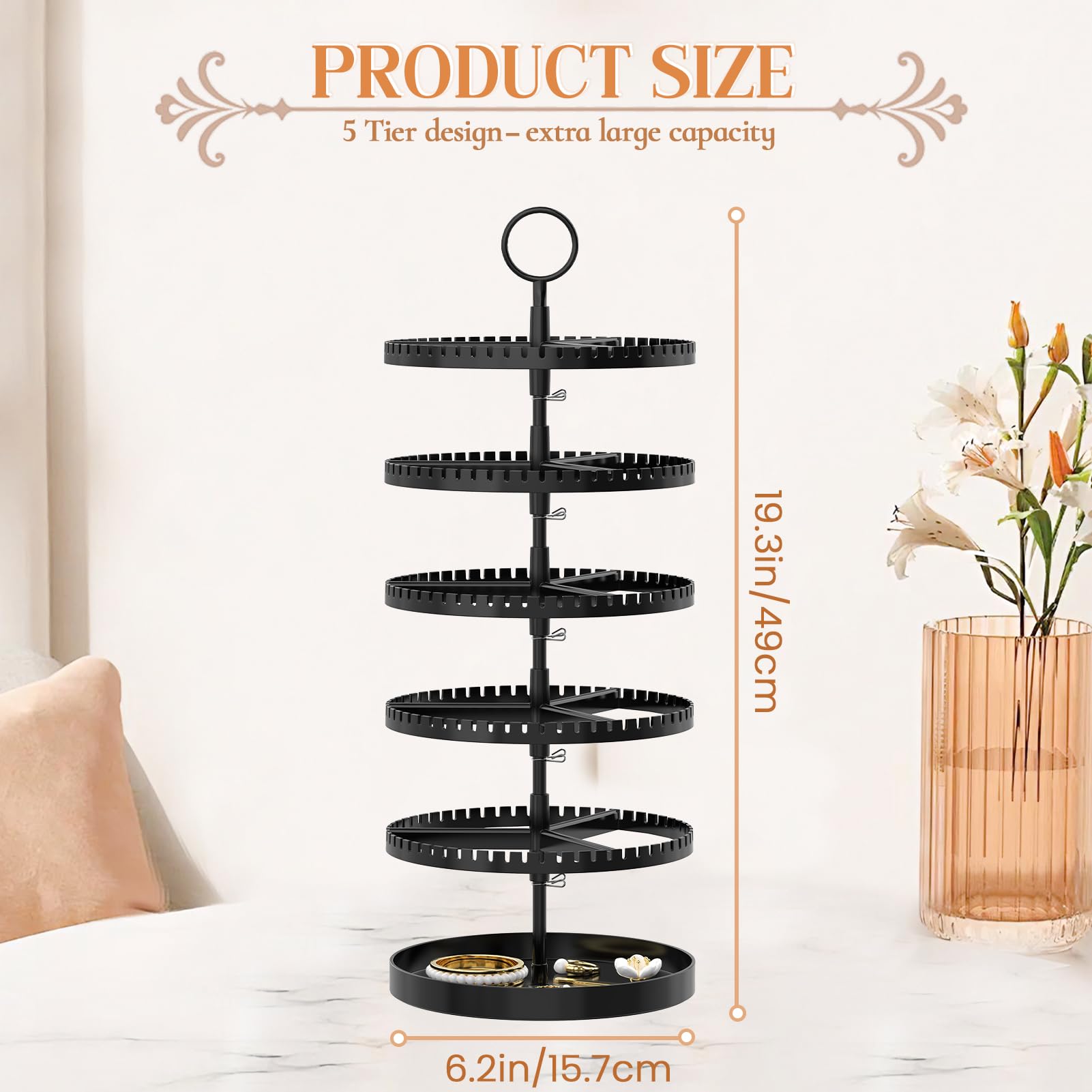 iDavosic.ly 5 Tier Rotating Earring Holder Organizer with Metal Tray, Adjustable Plastic Dangle Display Stands Tree with 285 Grooves, Large Hoop Storage Rack Tower, Black