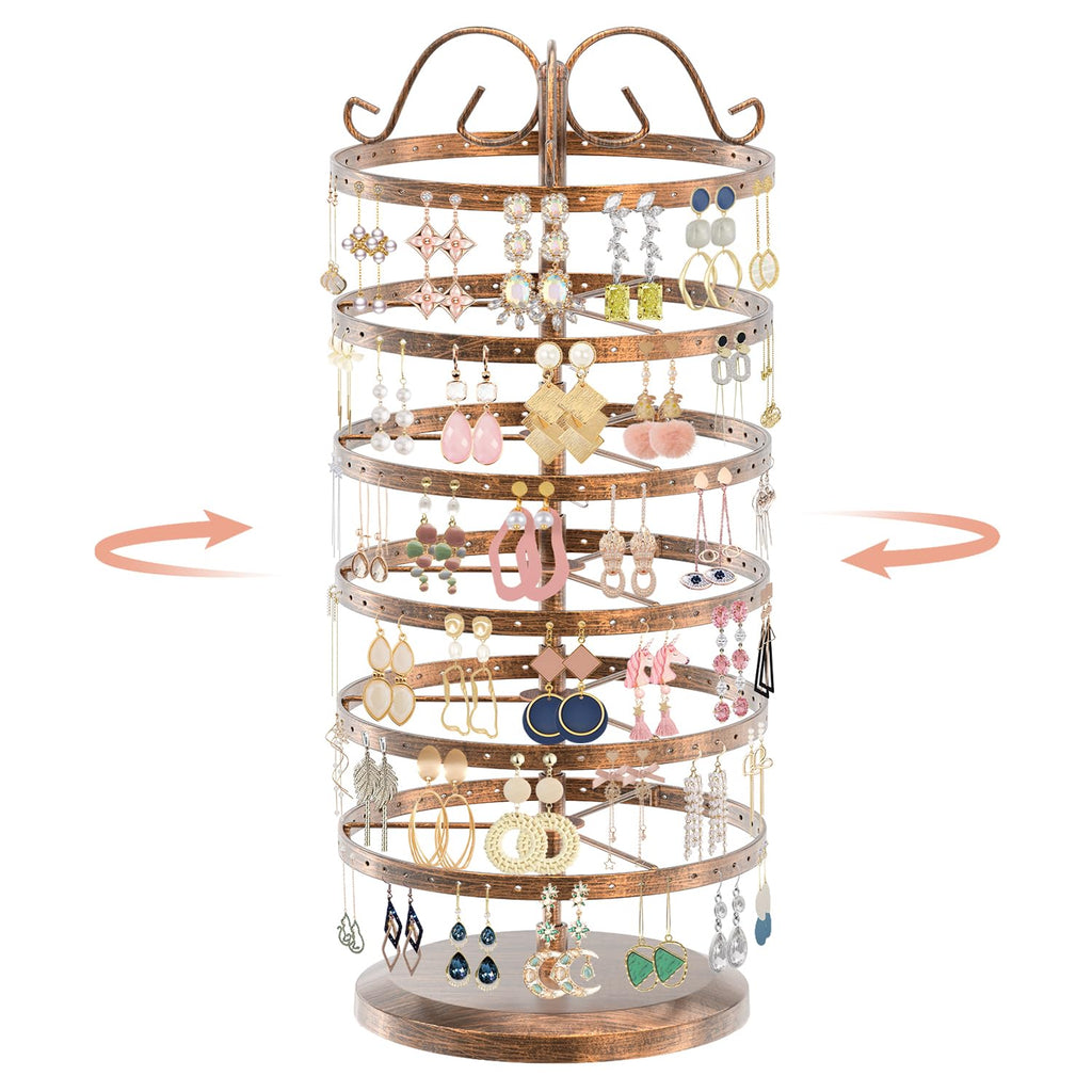 iDavosic.ly 6 Tier Metal Rotating Earring Holder Organizer, 264 Holes Large Stud Storage Display Stands Tree Rack, Adjustable Pierced Hoop Dangle Tower for Women, Bronze