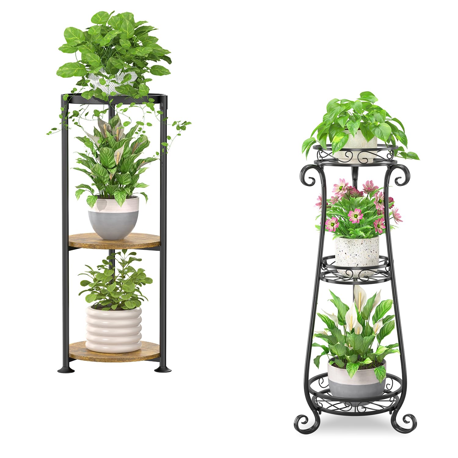 iDavosic.ly Metal Plant Stand Indoor Outdoor Set of 2, Tiered Corner Flower Holder Shelf and 3 Layer Tall Vertical Heavy Duty Display Rack for Patio Porch Living Room, Modern Black & Rustic Brown