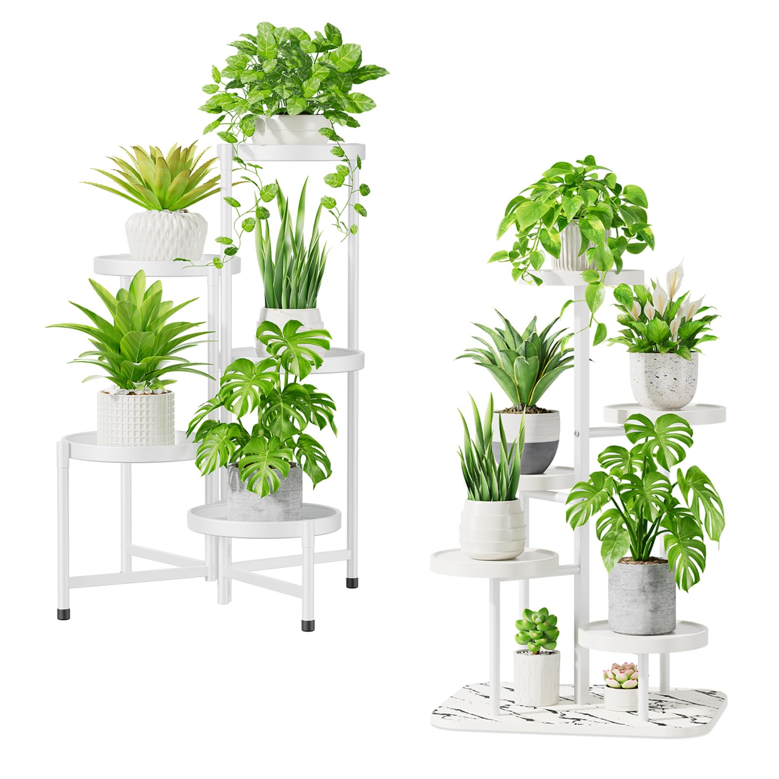 iDavosic.ly 5 Tier Plant Stand for Indoor Outdoor 2 Pack, Folding Large Corner Flower Pot Holder Shelf and Metal Plastic Tall Orchid Display Rack for Patio Porch Living Room Garden Balcony, White