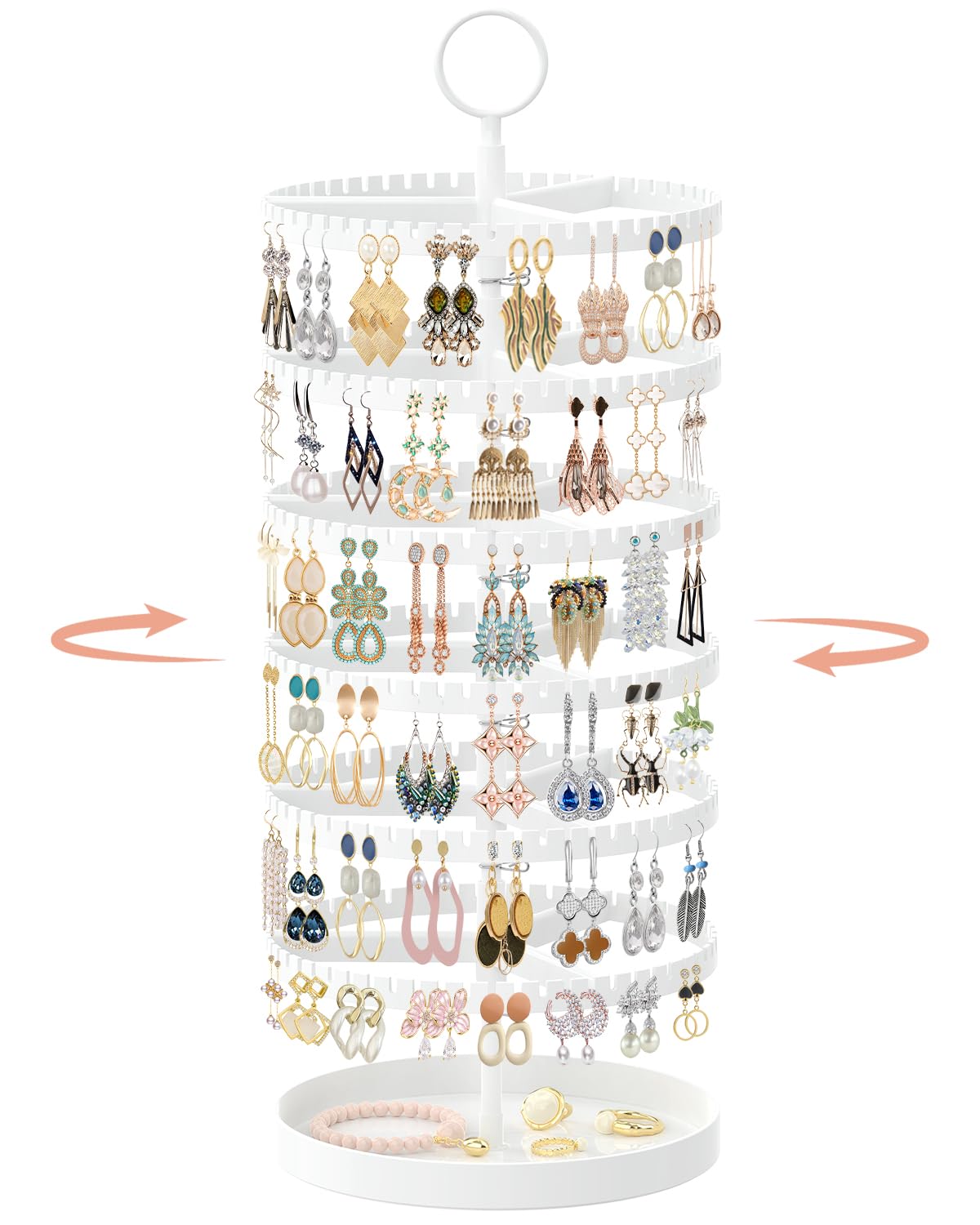 iDavosic.ly 6 Tier Rotating Earring Holder Organizer with Metal Tray, Adjustable Plastic Dangle Display Stands Tree with 342 Grooves, Large Hoop Storage Rack Tower, White