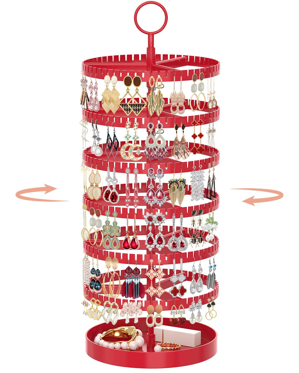 iDavosic.ly 6 Tier Rotating Earring Holder Organizer with Metal Tray, Adjustable Plastic Dangle Display Stands Tree with 342 Grooves, Large Hoop Storage Rack Tower, Red