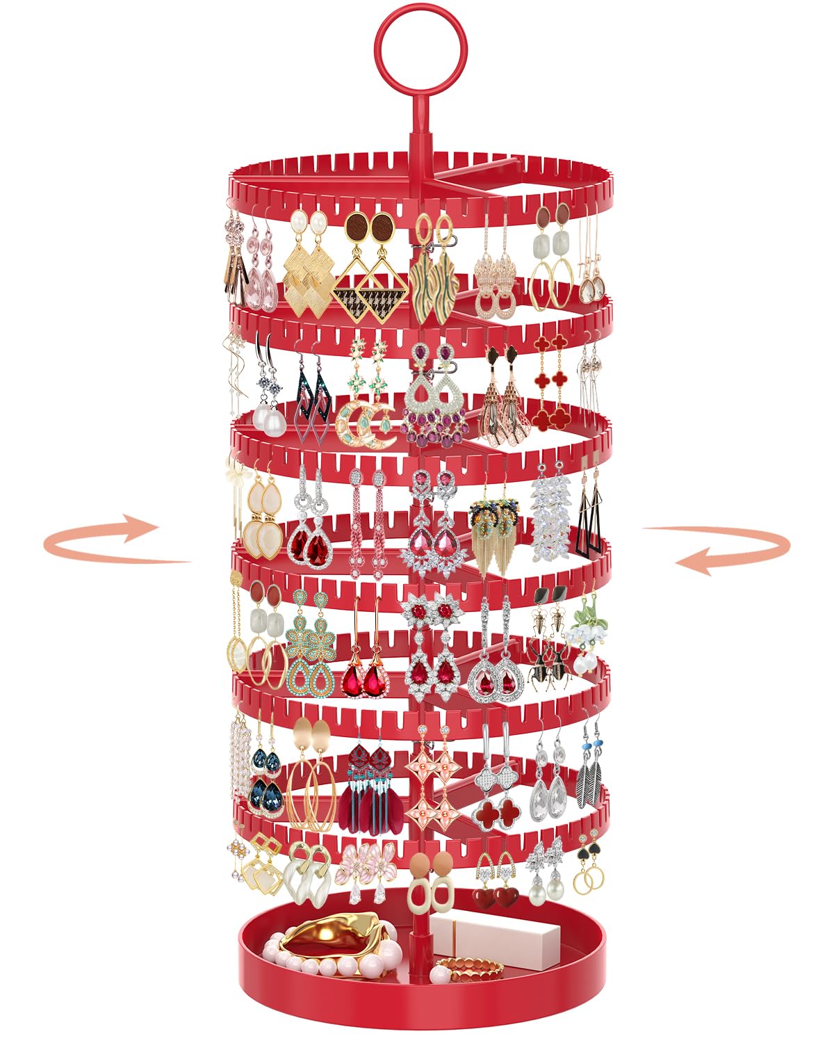 iDavosic.ly 6 Tier Rotating Earring Holder Organizer with Metal Tray, Adjustable Plastic Dangle Display Stands Tree with 342 Grooves, Large Hoop Storage Rack Tower, Red