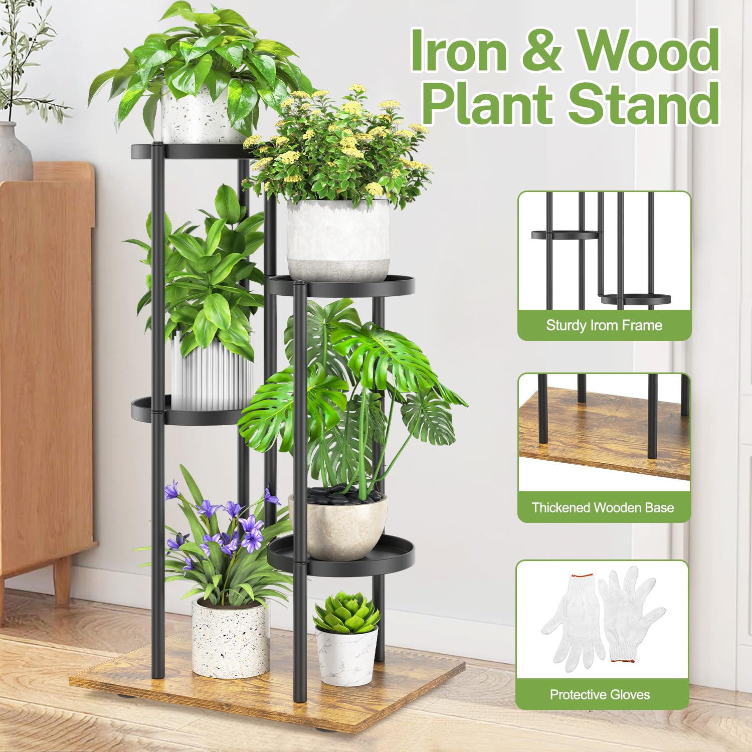iDavosic.ly 4 Tier Plant Stand for Indoor Outdoor Set of 2, Metal Wood Flower Pot Display Holder Shelf and Tall Corner Orchid Rack for House Patio Balcony Garden Living Room Porch, Black
