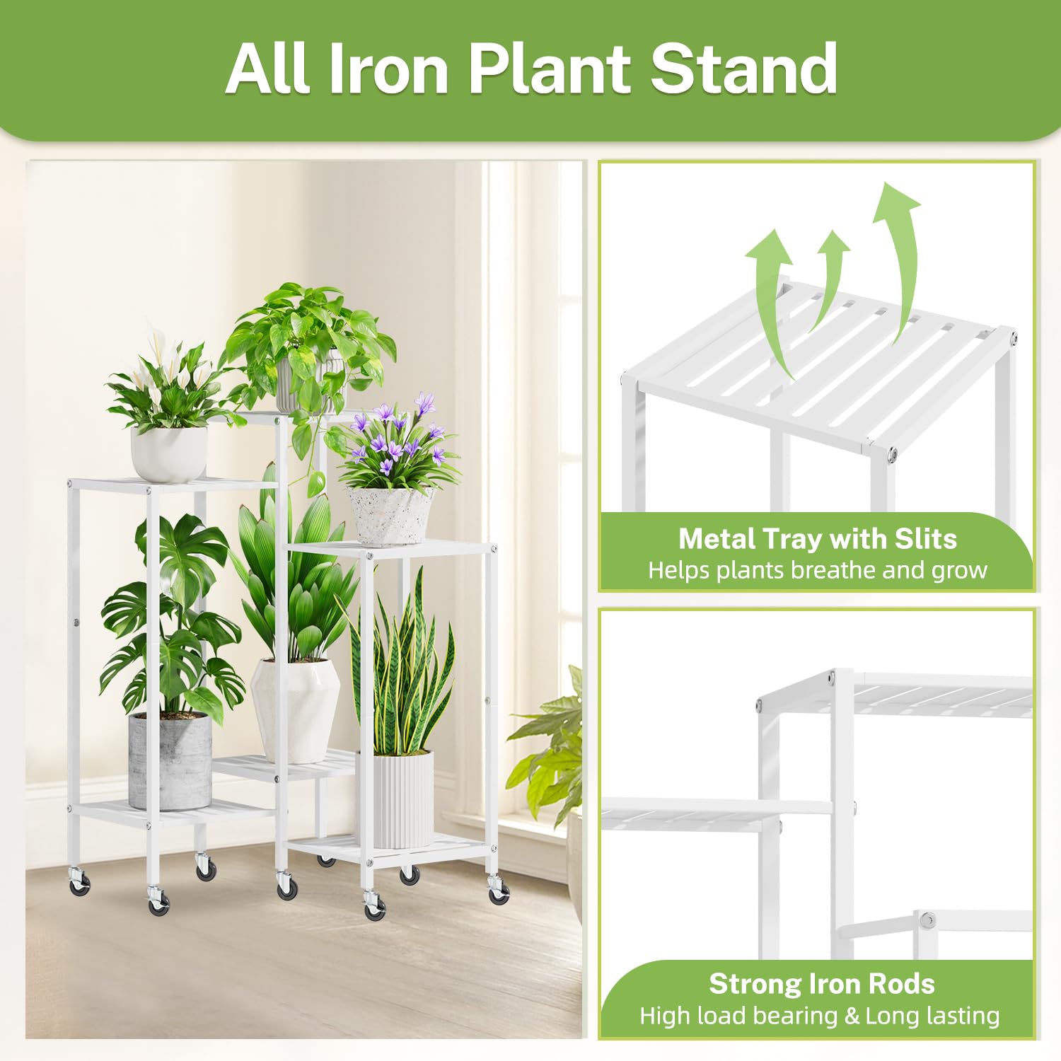 iDavosic.ly 6 Tier Plant Stand for Indoor Outdoor 2 Pack, Corner Orchid Pot Display Rack and Metal Tall Flower Holder Shelf with Wheels for Patio Porch Garden Balcony Living Room, White