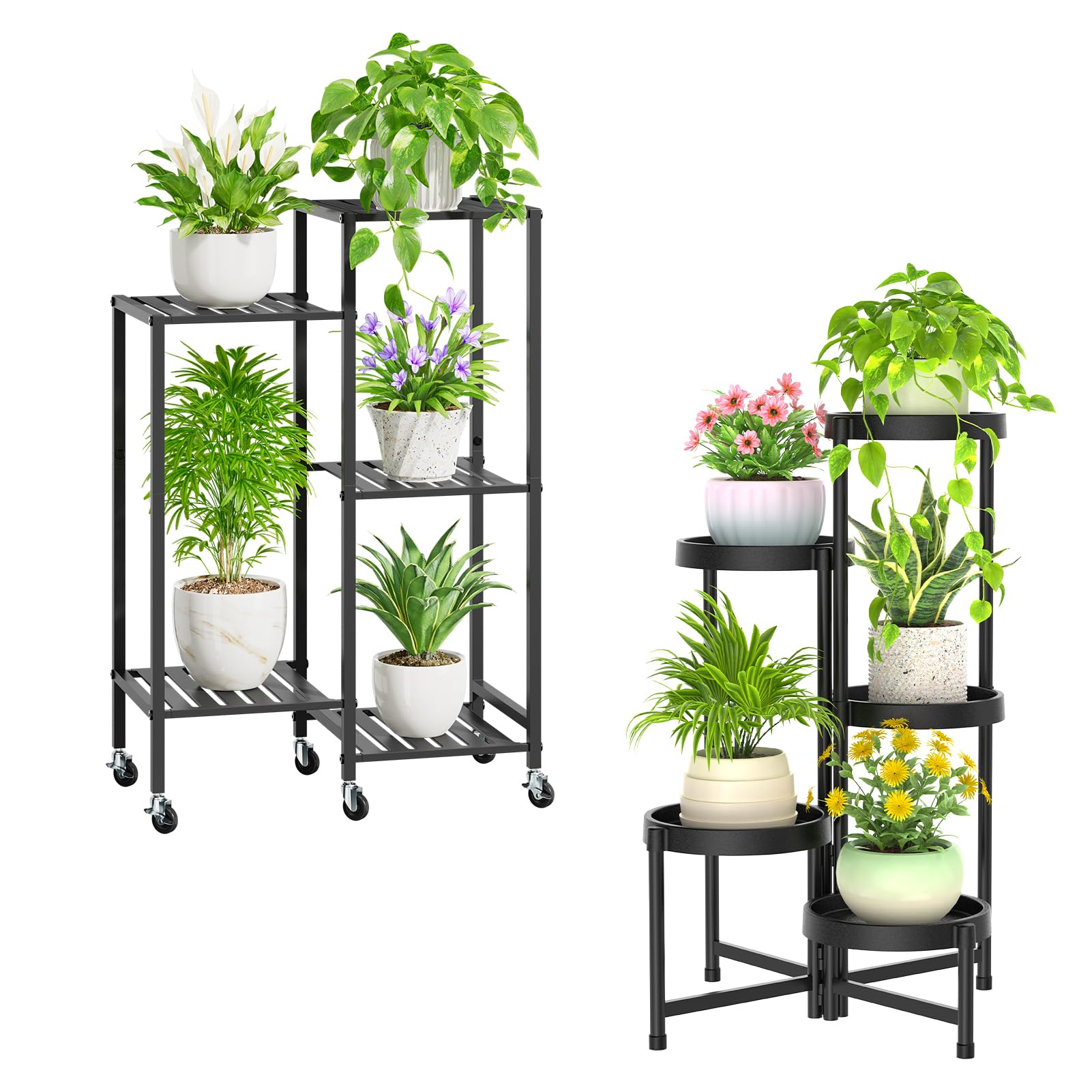 iDavosic.ly 2 Pack 5 Tier Metal Plant Stand Indoor Outdoor, 33 Inch Tall Flower Pot Holder Shelf with Wheels and Foldable Corner Plastic Orchid Display Rack for Patio Garden Window Balcony, Black