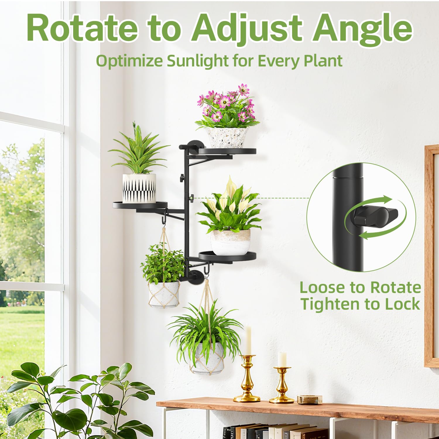 iDavosic.ly Wall Plant Holder Set of 3, Rotating Window Plant Shelves, 3-Tier Metal Stand with Hooks, Floating Display for Indoor Plants, Picture Frames, Decor, Black (Pots/Chains/Plants Not Included)