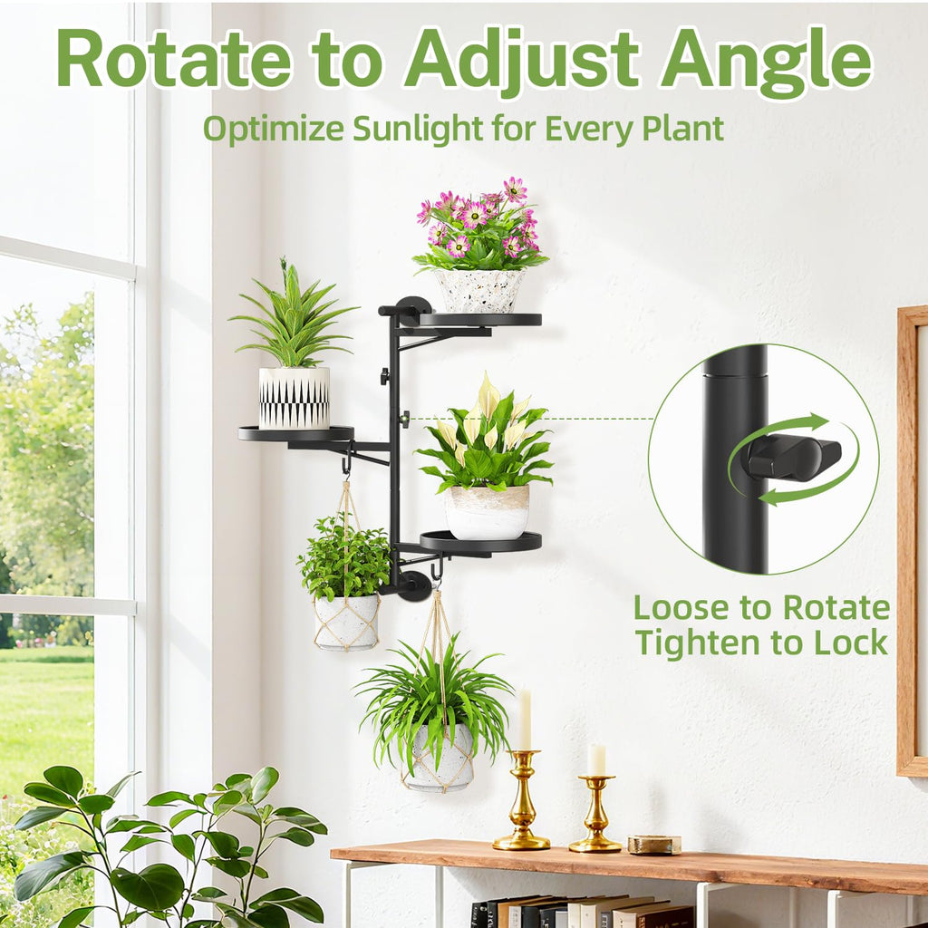 iDavosic.ly Wall Plant Shelves Set of 3, Metal Floating Shelves with Hooks, Rotating Mounted Display for Indoor Plants, Living Room Window Decor, Space Saving, Black (Pots/Chains/Plants Not Included)