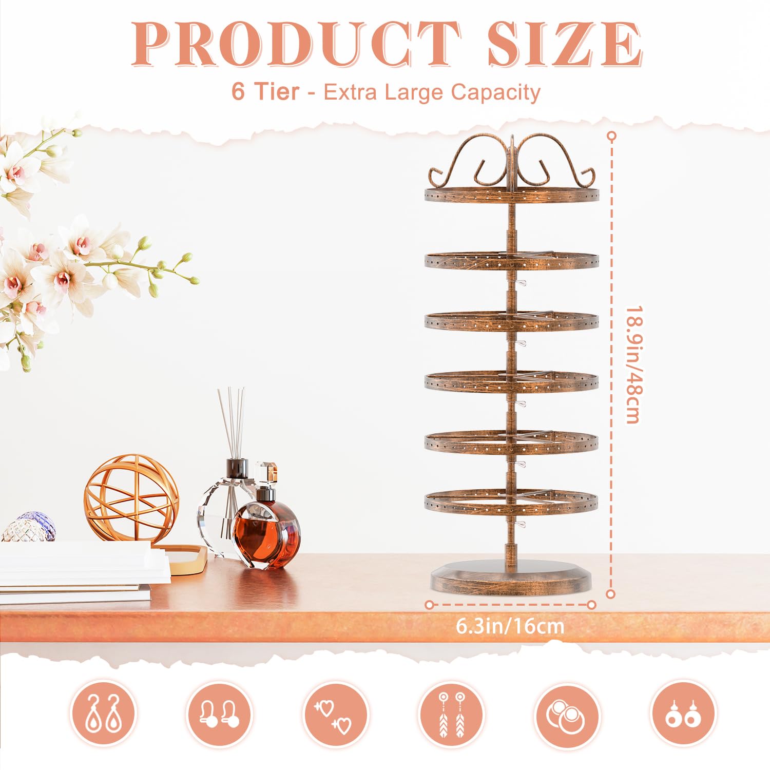iDavosic.ly 6 Tier Metal Rotating Earring Holder Organizer, 264 Holes Large Stud Storage Display Stands Tree Rack, Adjustable Pierced Hoop Dangle Tower for Women, Bronze