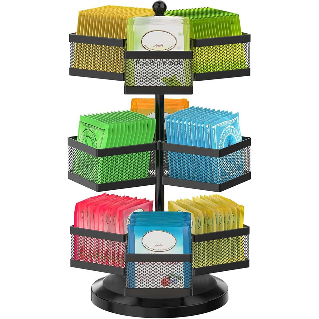 iDavosic.ly 3 Tier Tea Bag Organizer, Packet Storage Holder Spinning Carousel With 9 Compartments, Rotating Metal Caddy for Kitchen Counter Cabinet, Up to 108 Teabags Storage, Black