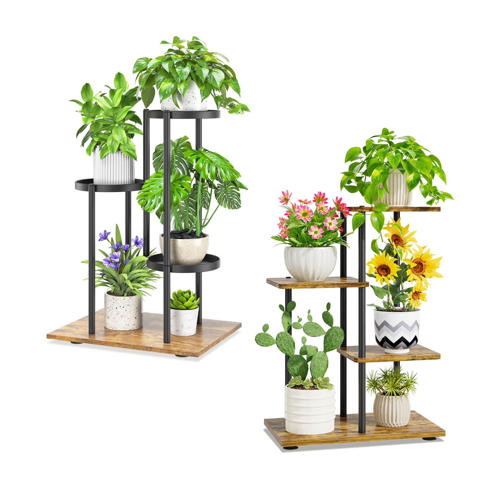 iDavosic.ly 3 Tier Plant Stand Indoor Outdoor Set of 2, Metal Wood Corner Flower Pot Holder Shelf and 25 Inch Tall Orchid Display Rack for Patio Porch Living Room Balcony, Modern Black & Rustic Brown