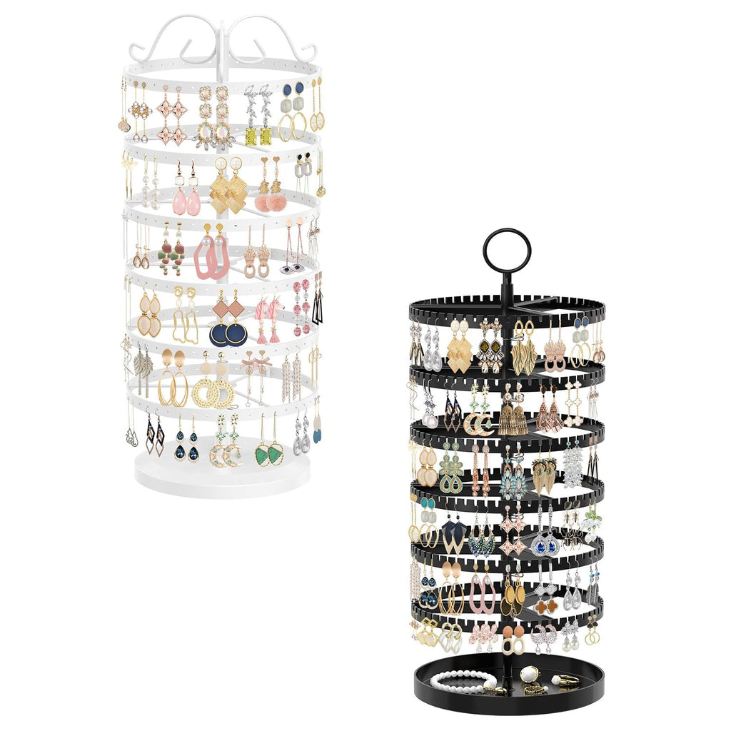 iDavosic.ly 6 Tier Rotating Earring Holder Organizer Set of 2, Metal Large Stud Storage Stand, Adjustable Plastic Dangle Hoop Display Rack Tower with Tray for Women, White and Black