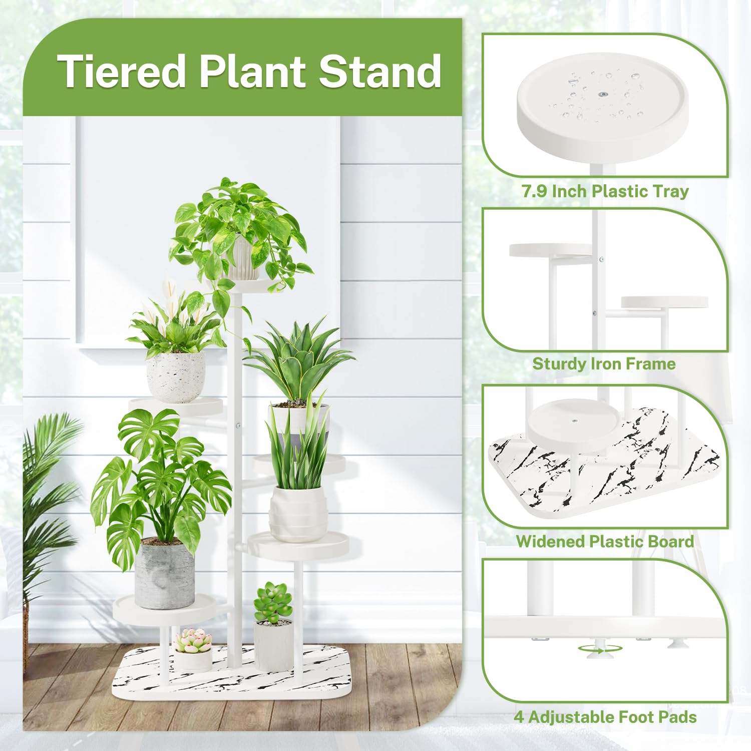 iDavosic.ly Metal 5 Tier Plant Stand for Indoor Outdoor 2 Pack, Wood Orchid Pot Display Rack and Plastic Tall Corner Flower Holder Shelf for Patio Porch Garden Balcony Living Room, White