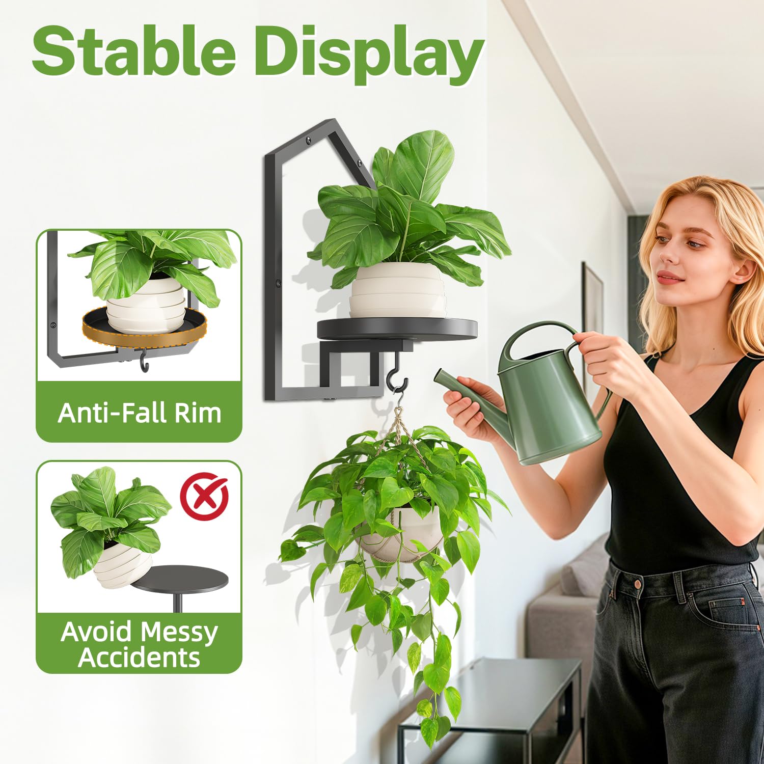 iDavosic.ly Wall Plant Display Set of 4, Floating Picture Frame Holder, 2-Tier Shelves with 4 Hooks, Metal Stand for Indoor Haning Home Decor Outdoor Space Saving (Pots/Chains/Plants Not Included)