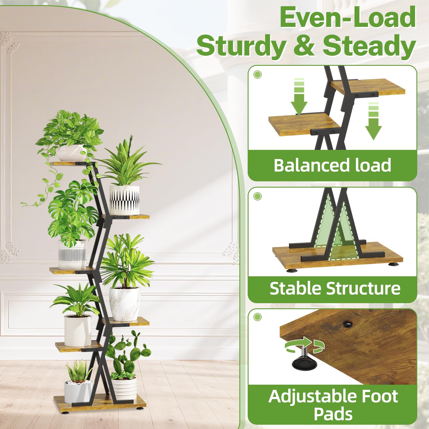 iDavosic.ly 5 Tier Indoor Plant Stand with Grow Light, Corner Tall Metal & Wood Flower Shelf, Orchid Display Rack for Living Room Balcony, Space Saving & Multifunctional Display, Black & Brown