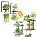 iDavosic.ly Wall Plant Holder Set of 4, 2-Tier Floating Shelves with 4 Hooks, Picture Frame Stand, Metal Display for Indoor Outdoor Living Room Bedroom, Space Saving (Pots/Chains/Plants Not Included)