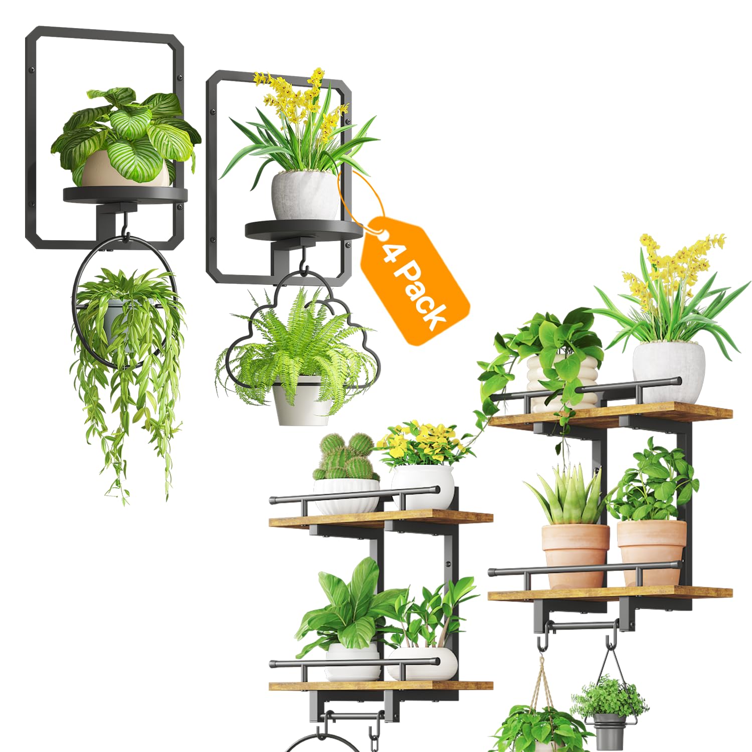 iDavosic.ly Wall Plant Holder Set of 4, 2-Tier Floating Shelves with 4 Hooks, Picture Frame Stand, Metal Display for Indoor Outdoor Living Room Bedroom, Space Saving (Pots/Chains/Plants Not Included)