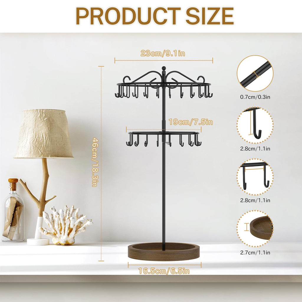 iDavosic.ly 2 Tier Rotating Necklace Holder Organizer with Wooden Jewelry Tray, Adjustable Metal Bracelet Display Stand with 42 Hooks, Extra Tall Keychain Spinning Tree Tower for Women, Black