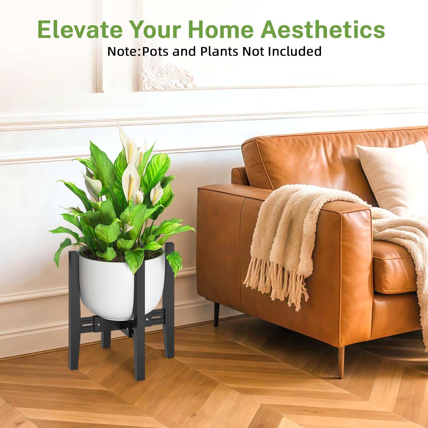 iDavosic.ly Adjustable Plant Pot Stand Indoor Outdoor 2 Pack, Metal Mid Century Modern Bamboo Short Single Flower Holder Fits 8 to 12 Inch Large Heavy Duty Planter (Not Included) | Black