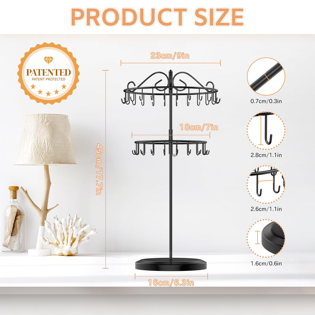 iDavosic.ly 2 Tier Rotating Necklace Holder Organizer with 42 Hooks, Adjustable Metal Bracelet Display Stand Rack, Extra Tall Keychain Spinning Tree Tower for Women, Black