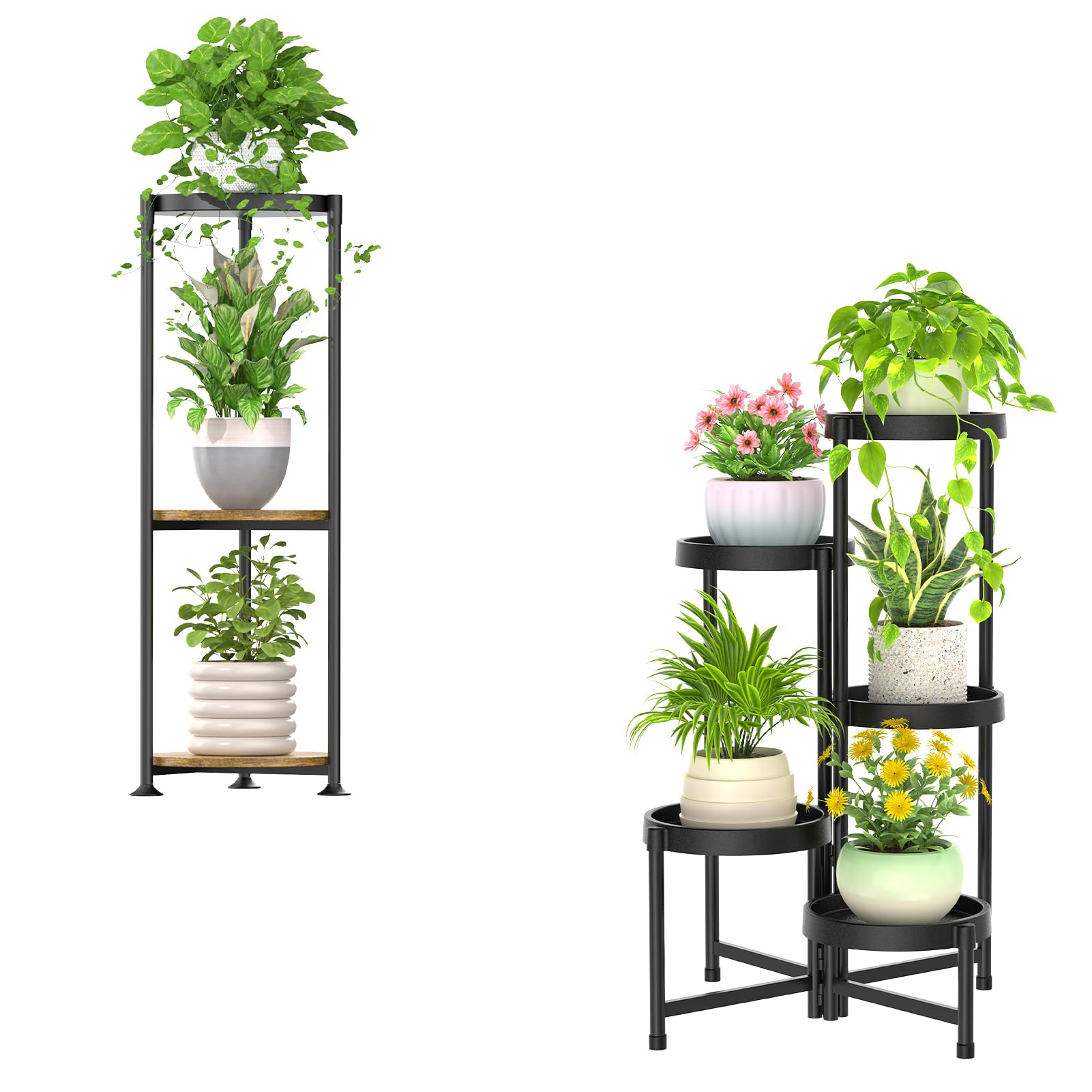 iDavosic.ly Set of 2 Plant Stand for Indoor Outdoor, 3 Tier Large Iron Heavy Duty Flower Display Holder Rack and 5 Layer Metal Plastic Tall Corner Shelf for Balcony Patio Garden Porch, Black