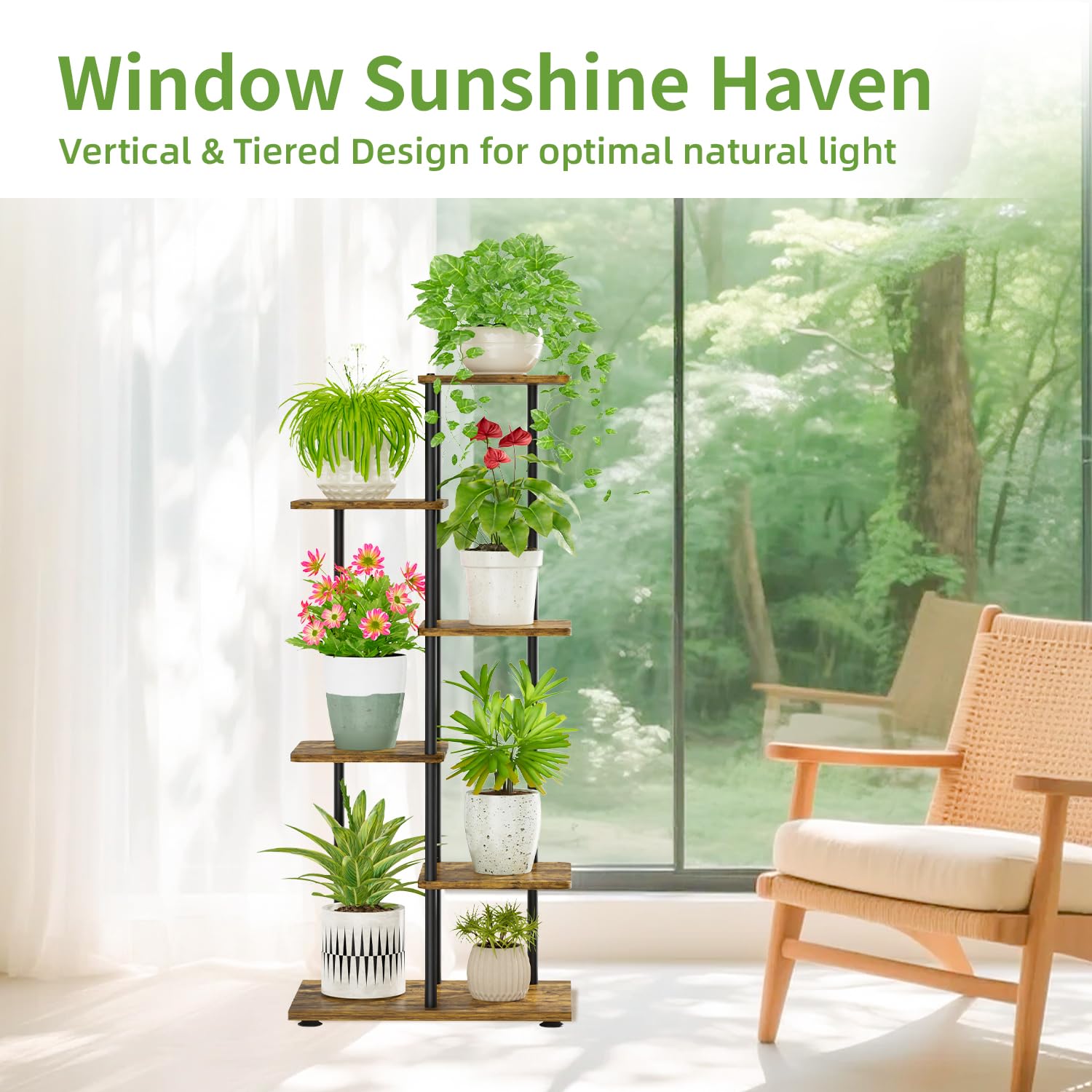 iDavosic.ly 5 Tier Plant Stand for Indoor Outdoor Set of 2, Metal Plastic Flower Pot Holder Shelf and Wood Corner 42 Inch Tall Orchid Display Rack for Patio Porch Living Room Garden Balcony, Black