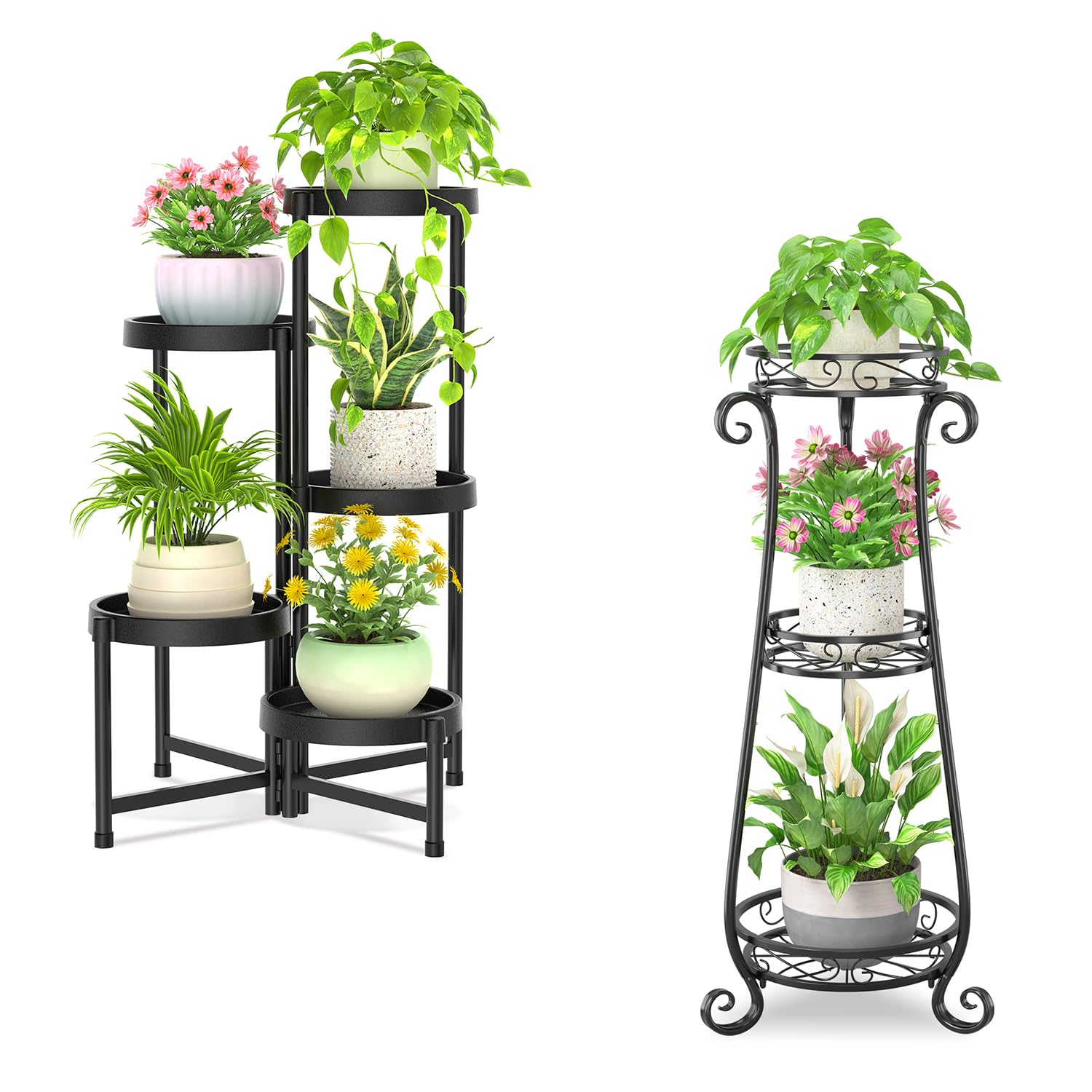 iDavosic.ly Plant Stand for Indoor Outdoor Set of 2, 5 Tier Metal Plastic Folding Orchid Display Rack and 3 Layer Wrought Iron Corner Tall Flower Pot Holder Shelf for Patio Porch Living Room, Black