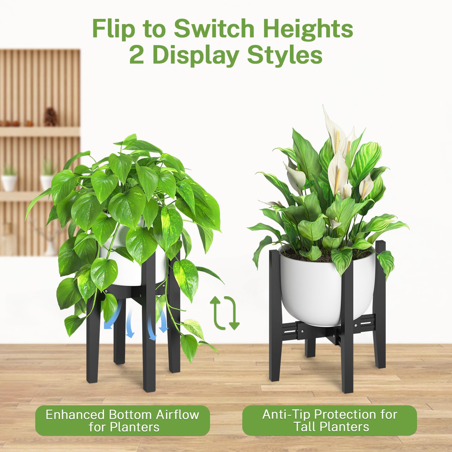 iDavosic.ly Adjustable Plant Pot Stand Indoor Outdoor 2 Pack, Metal Mid Century Modern Bamboo Short Single Flower Holder Fits 8 to 12 Inch Large Heavy Duty Planter (Not Included) | Black