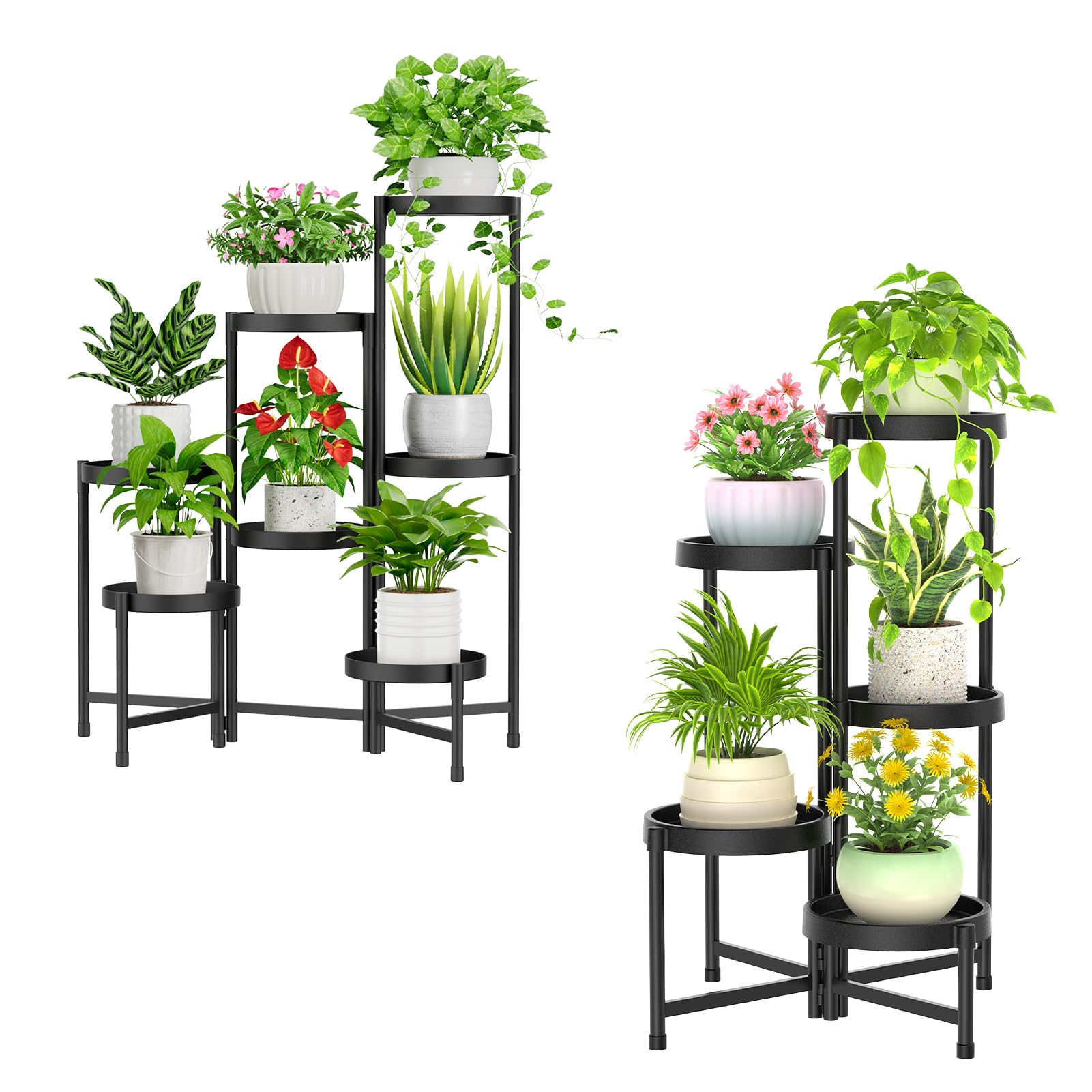 iDavosic.ly Black Folding Plant Stand Indoor Outdoor 2 Pack, 7 Tier Corner Flower Pot Holder Shelf and Metal Plastic Tall Orchid Display Rack for Living Room Balcony Garden Patio