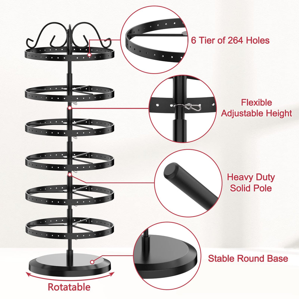 iDavosic.ly 6 Tier Metal Rotating Earring Holder Organizer and 2 Layer Adjustable Necklace Display Stand Rack, Spinning Bracelet Keychain Tree Tower for Women