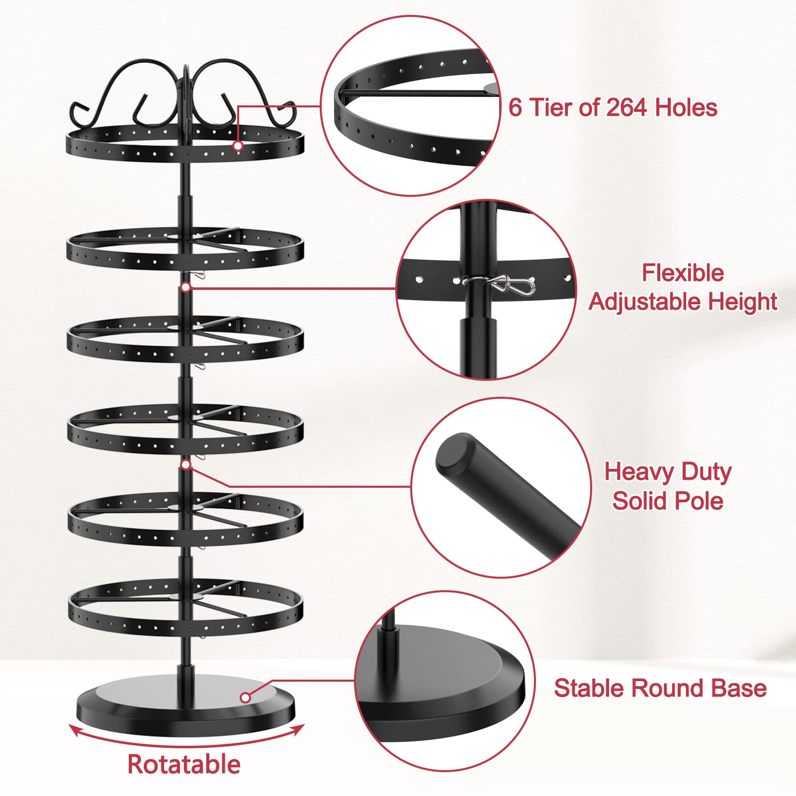 iDavosic.ly 6 Tier Metal Rotating Earring Holder Organizer and 2 Layer Adjustable Necklace Display Stand Rack, Spinning Bracelet Keychain Tree Tower for Women