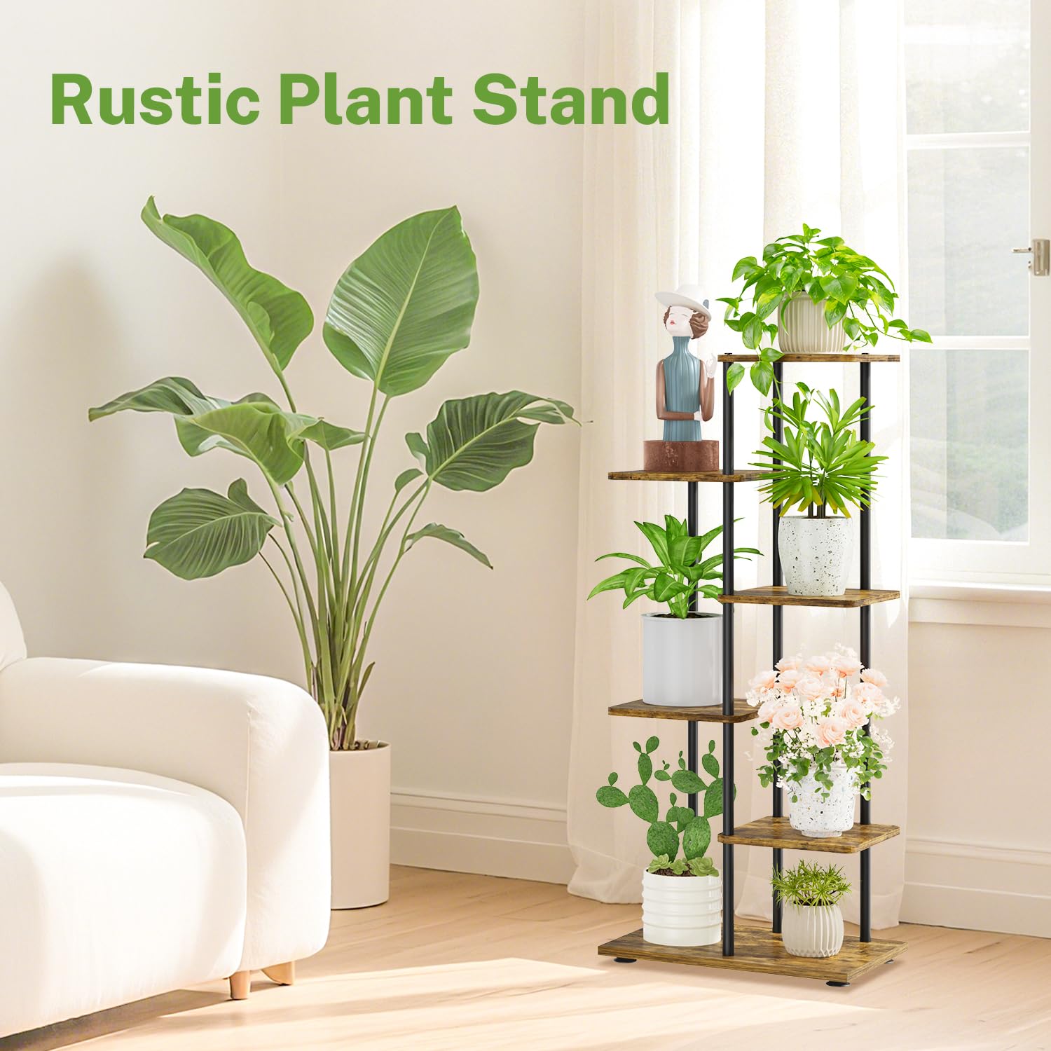 iDavosic.ly Plant Stand Indoor Outdoor Set of 2，5 Tier Folding Corner Flower Holder Shelf and 5 Layer Metal Wood Multiple Orchid Display Rack for Patio Porch Living Room Balcony Outdoor