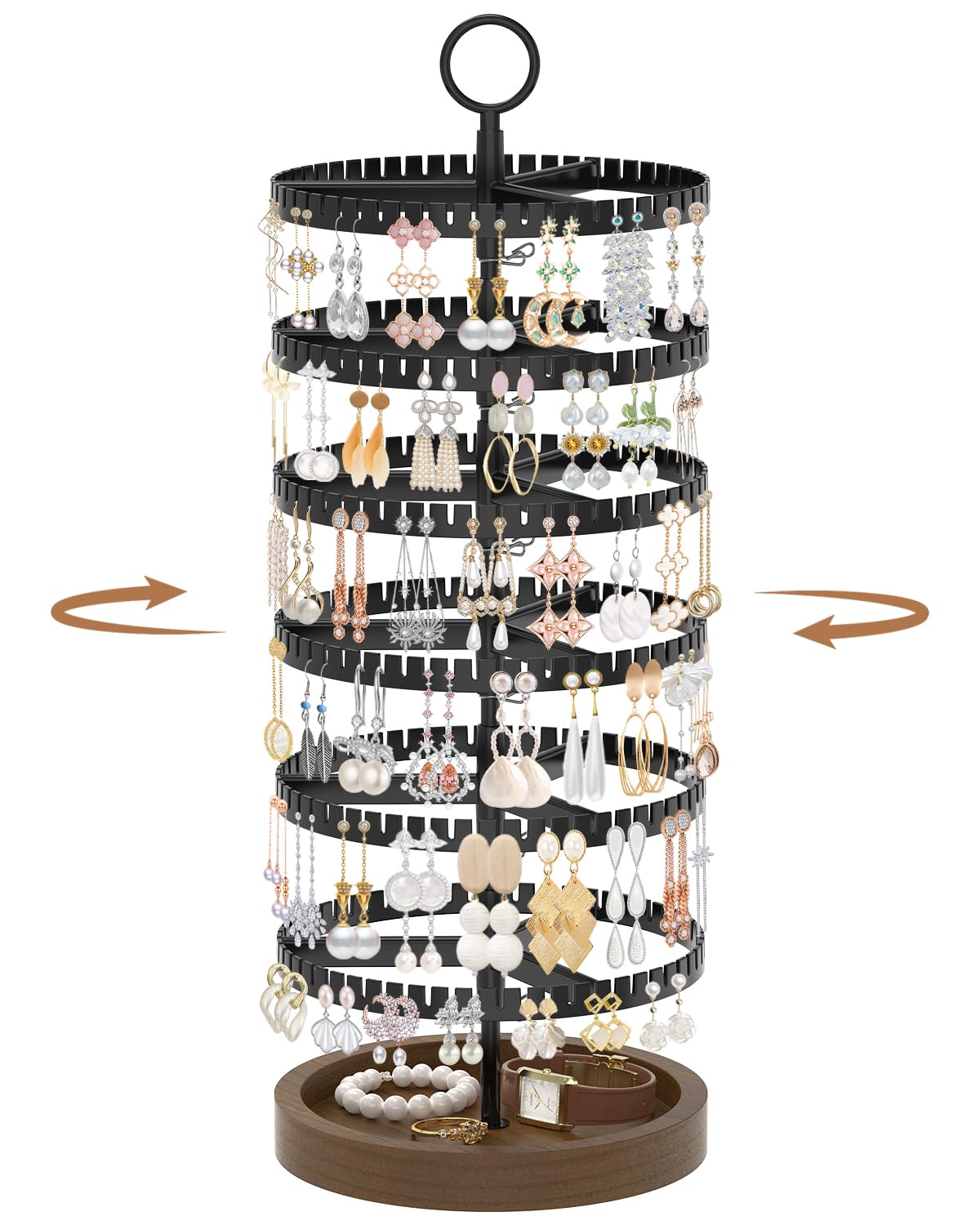 iDavosic.ly 6 Tier Rotating Earring Holder Organizer with Wooden Tray, Large Dangle Display Stands Tree with 342 Plastic Grooves, Adjustable Hoop Storage Rack, Space Saving Tower, Black & Brown