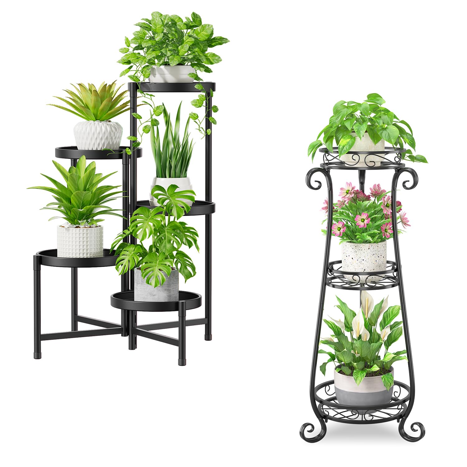 iDavosic.ly Metal Plant Stand for Indoor Outdoor Set of 2, 5 Tier Large Corner Folding Flower Pot Holder Shelf and 3 Layer Tall Vertical Display Rack for Patio Porch Living Room Garden, Black