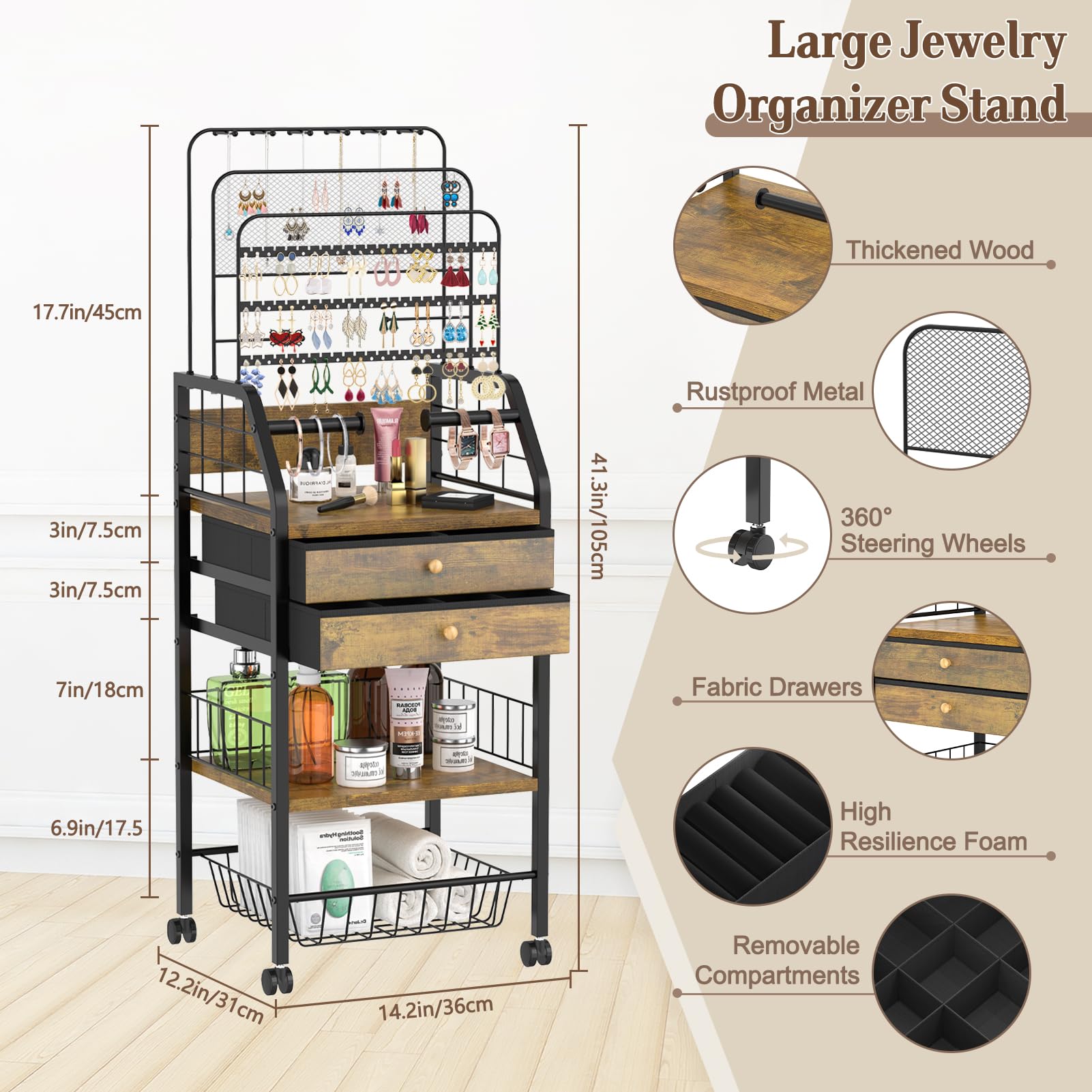 iDavosic.ly Large Jewelry Holder Organizer with 2 Box Drawer, Metal Earring Stand with 2 Storage Basket, Necklace Bracelet Ring Display Armoire, Black and Brown