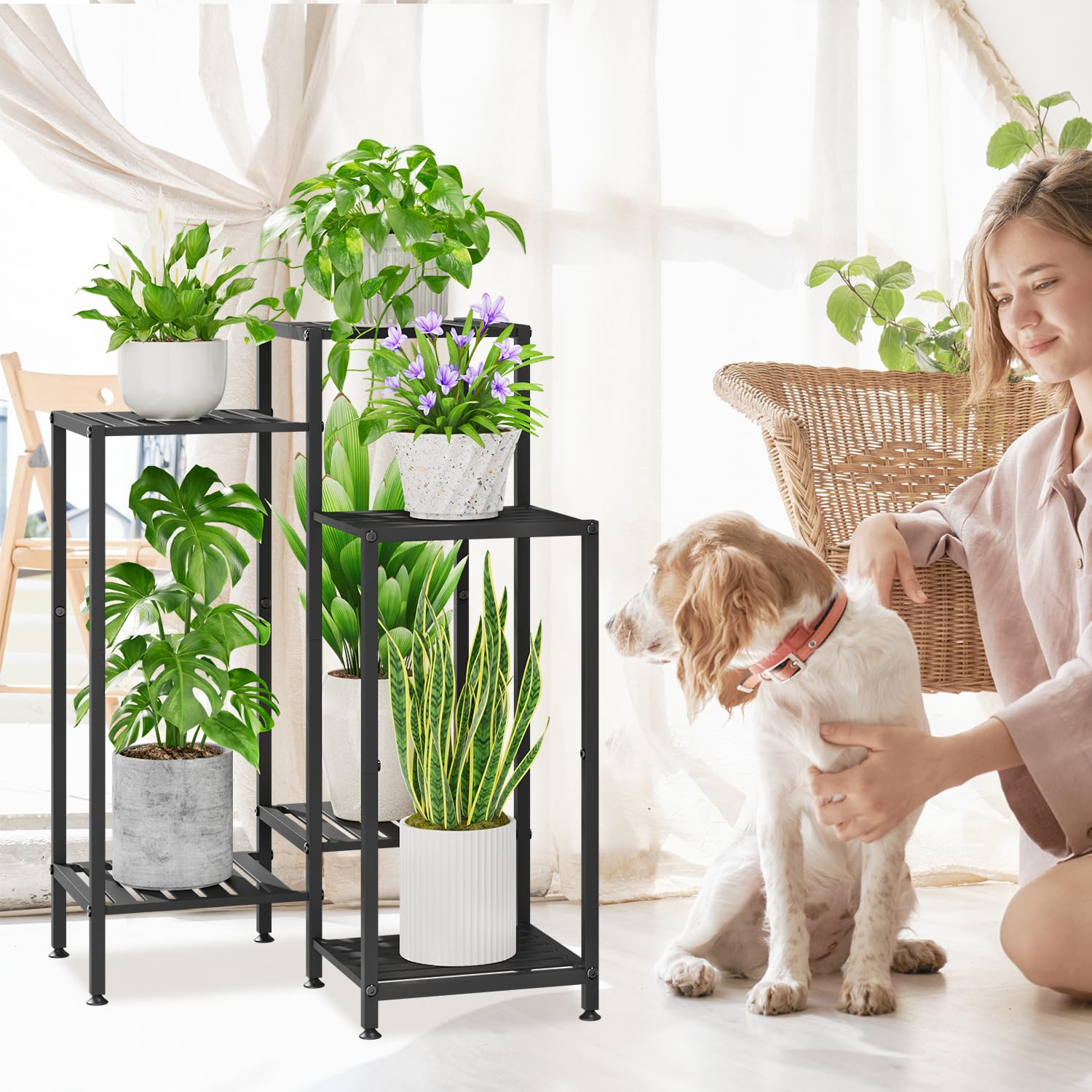 iDavosic.ly Plant Stand Indoor Outdoor Set of 2,6 Tier Metal Flower Holder Shelf with Wheels and 6 Layer Tall Orchid Display Rack for Patio Porch Living Room Balcony Outdoor