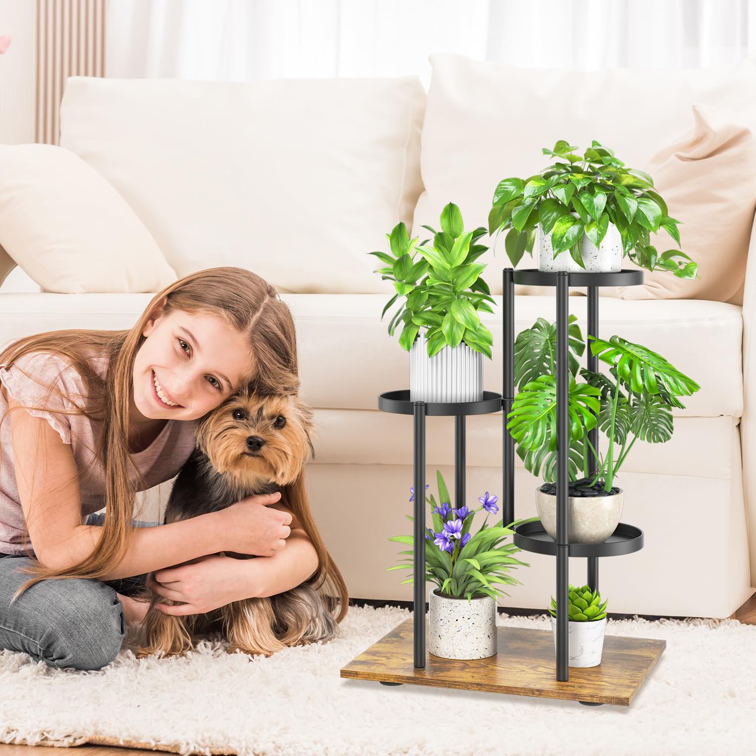 iDavosic.ly 3 Tier Plant Stand Indoor Outdoor Set of 2, Metal Wood Corner Flower Pot Holder Shelf and 25 Inch Tall Orchid Display Rack for Patio Porch Living Room Balcony, Modern Black & Rustic Brown