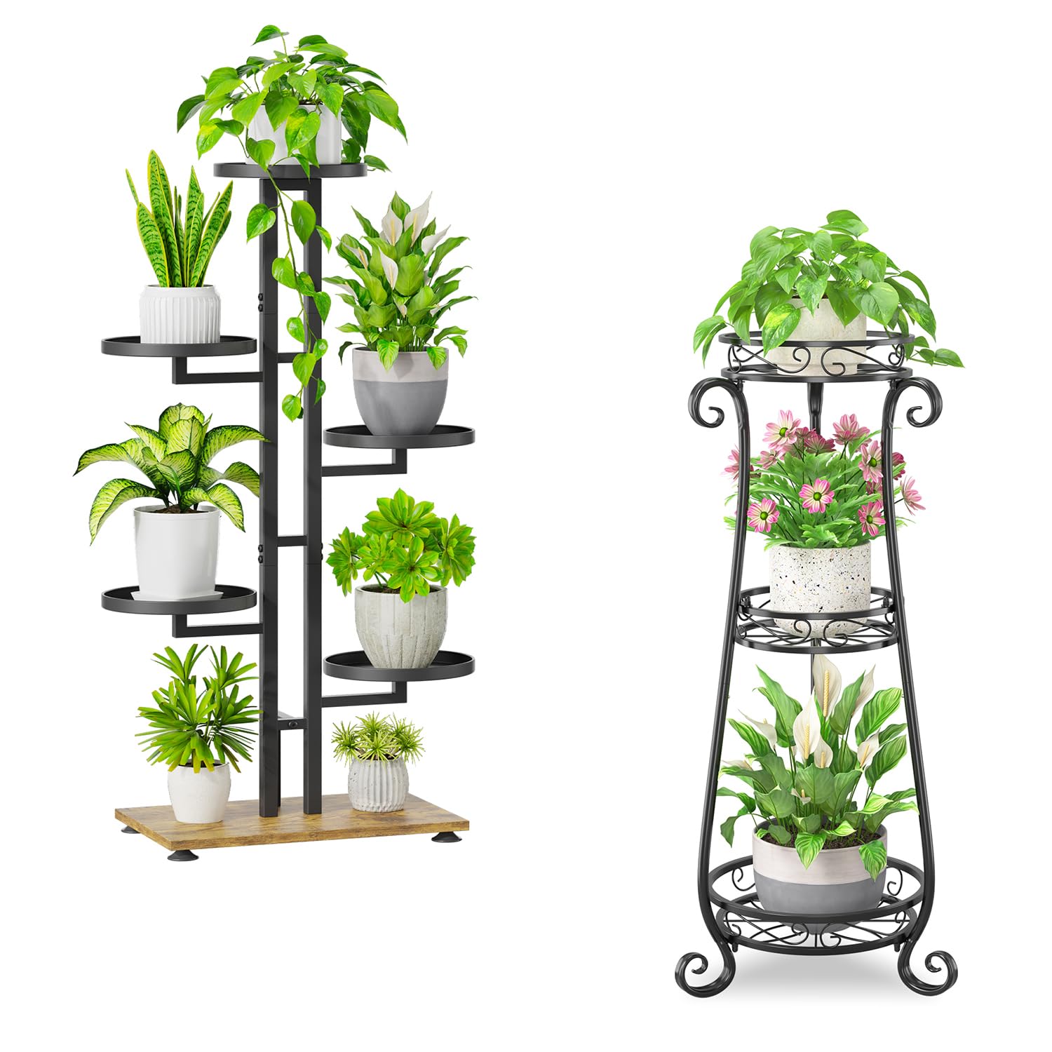 iDavosic.ly Plant Stand for Indoor Outdoor Set of 2, 6 Tier Corner Multiple Flower Pot Holder Shelf and 3 Layer Tall Vertical Heavy Duty Display Rack for Patio Porch Living Room Garden Balcony, Black